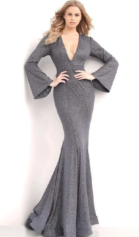 Daily Deals Jovani - Plunging V-neck Long Bell Sleeve Mermaid Evening Gown 63174SC - 1 pc Gunmetal In Size 20 Available