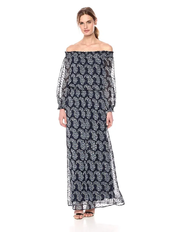 Fantastic Offers Taylor - 9604M Off Shoulder Printed Chiffon Maxi Dress
