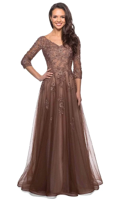 Great Deals La Femme - Appliqued V-Neck Tulle Formal Gown 27908SC