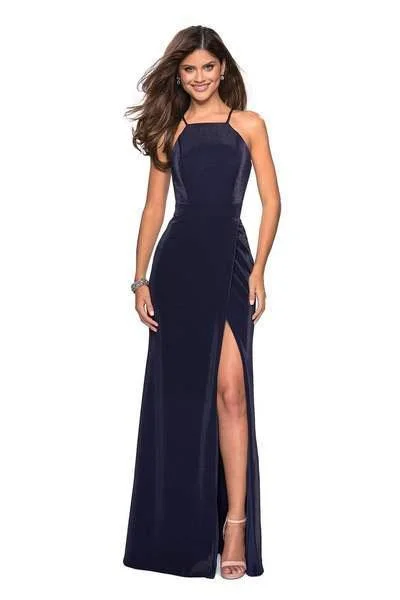 Today’s Deal La Femme - Strappy Fitted Halter Gown with Slit 26962 - 1 pc Navy In Size 10 Available Today’s Deal La Femme - Strappy Fitted Halter Gown with Slit 26962 - 1 pc Navy In Size 10 Available