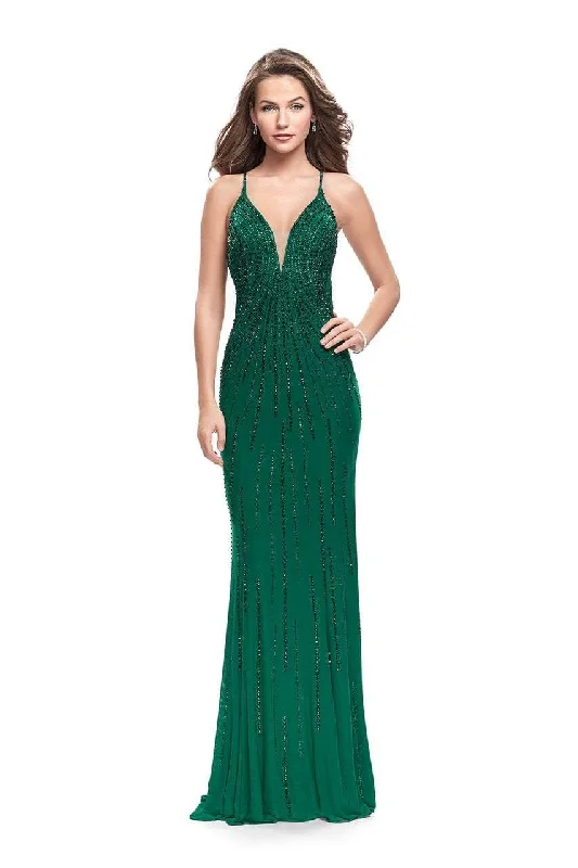 Get It Before It’s Gone La Femme Gigi Beaded Plunging V-Neck Jersey Sheath Evening Gown 26300
