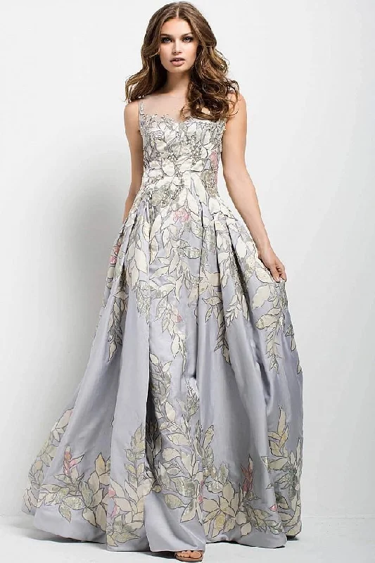 Inventory Reduction Jovani Leaves Illusion Patterned Evening Gown 54403 - 1 pc Silver In Size 10 Available