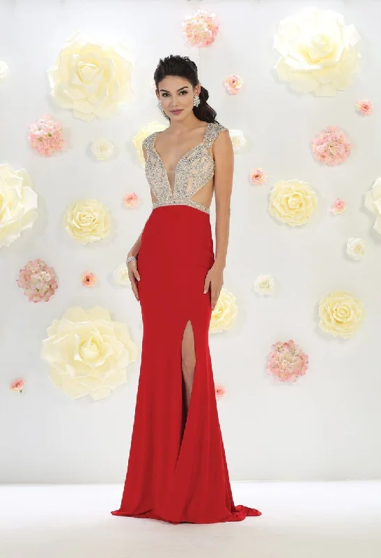 Super Bargain May Queen RQ7416 Embellished V-Neck Cutout Sheath Dress