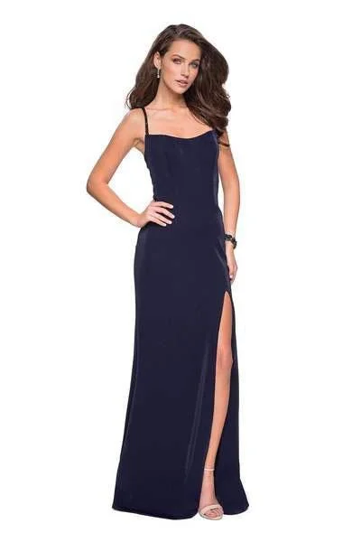 Special Buy La Femme - Beaded Strappy Scoop Gown with Slit 27089SC - 1 pc Gunmetal In Size 6 Available Special Buy La Femme - Beaded Strappy Scoop Gown with Slit 27089SC - 1 pc Gunmetal In Size 6 Available
