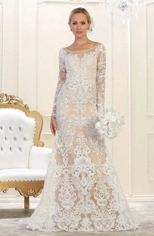 Reduced Prices May Queen - Embroidered Lace Sheer Long Sleeve Trumpet Gown RQ7603 - 1 pc Ivory/Nude In Size 10 Available