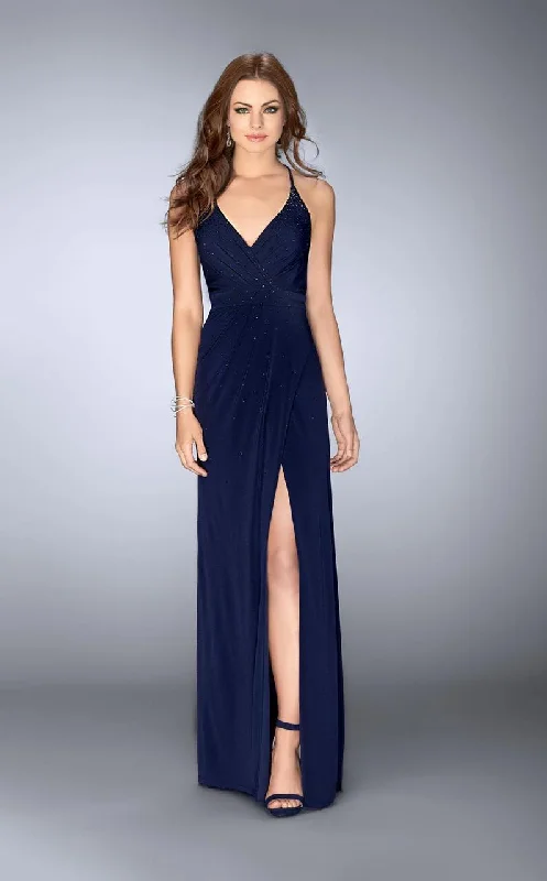 Members Only La Femme Draped V-Neck Long Gown in Navy 24539