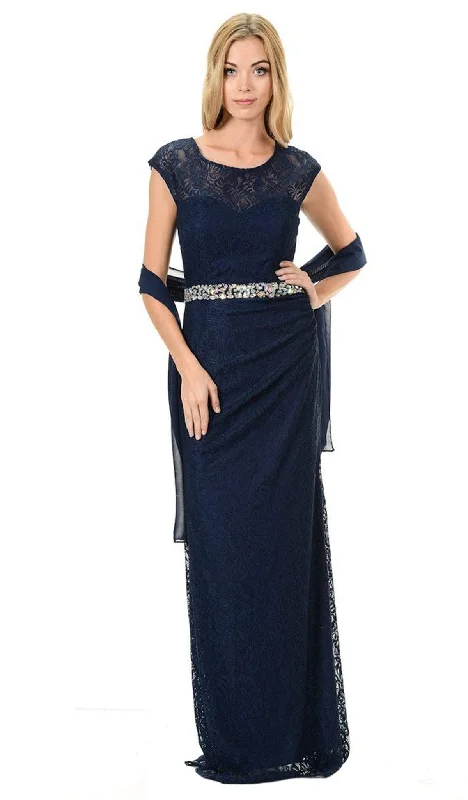 Deal Zone Lenovia - 5157 Cap Sleeve Draped Lace Long Sheath Dress