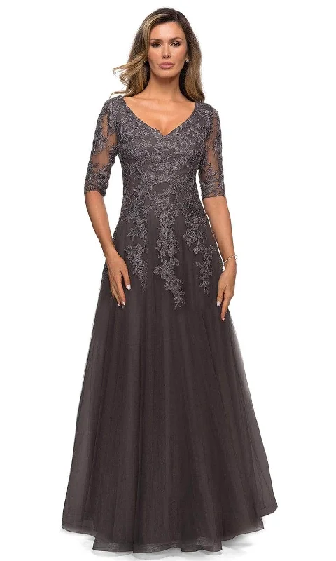 Major Savings La Femme - Laced Quarter Sleeve Formal Dress 27993SC