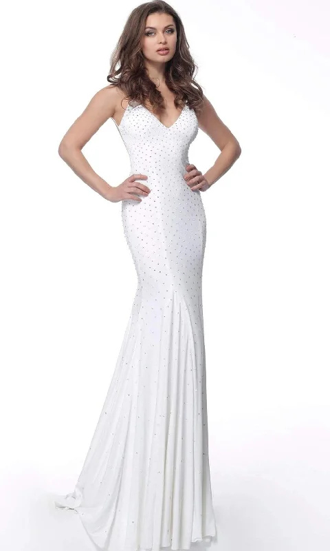 Special Price Jovani - Studded V-Neck Jersey Trumpet Evening Gown 63563SC