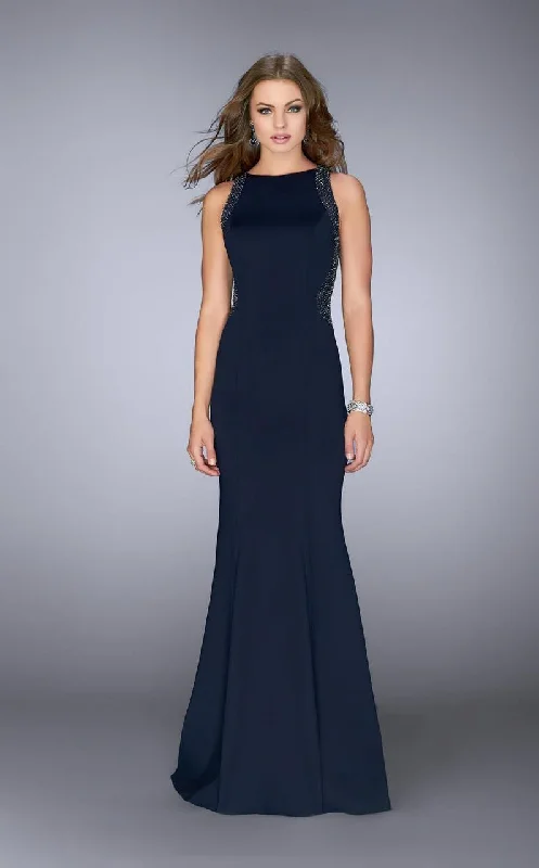 Can't Miss La Femme 24839SC Sheer Beaded Long Prom Dress - 1 pc Navy in Size 12 Available Can't Miss La Femme 24839SC Sheer Beaded Long Prom Dress - 1 pc Navy in Size 12 Available
