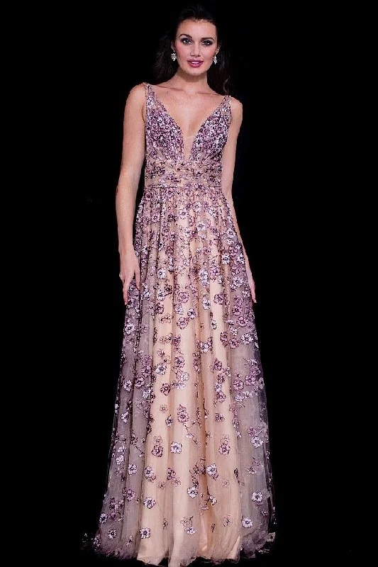 Shop and Save Jovani - 58649 Ruched V-Neck Floral Embroidered Evening Gown