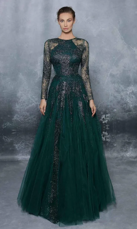 Year-End Sale Tarik Ediz - 96029 Sheer Long Sleeve Glitter Tulle Ballgown