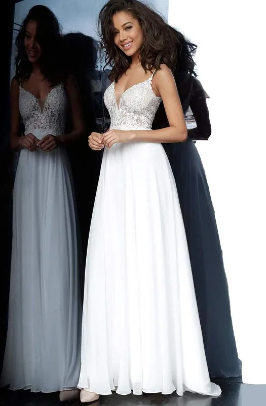 Shop and Save JVN by Jovani - Long Lace Bodice A-Line Dress JVN62568SC - 1 pc Off White In Size 10 Available