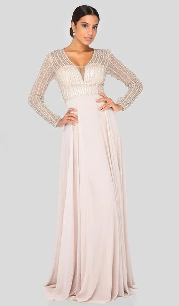 Early Bird Discount Terani Couture - Bead-Striped Sheer Long Sleeve Chiffon Gown 1911M9326 - 1 pc Champagne In Size 20 Available Early Bird Discount Terani Couture - Bead-Striped Sheer Long Sleeve Chiffon Gown 1911M9326 - 1 pc Champagne In Size 20 Available