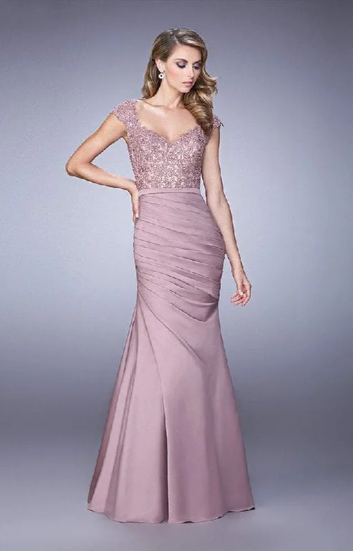 Special Promotion La Femme Lace V-neck Satin Mermaid Gown 21669SC