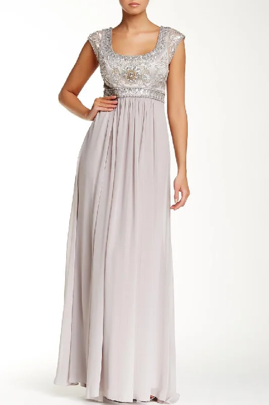 Price Smash Sue Wong N4438 Sequined Scoop Neck Chiffon Dress - 1 pc Platinum In Size 6 Available