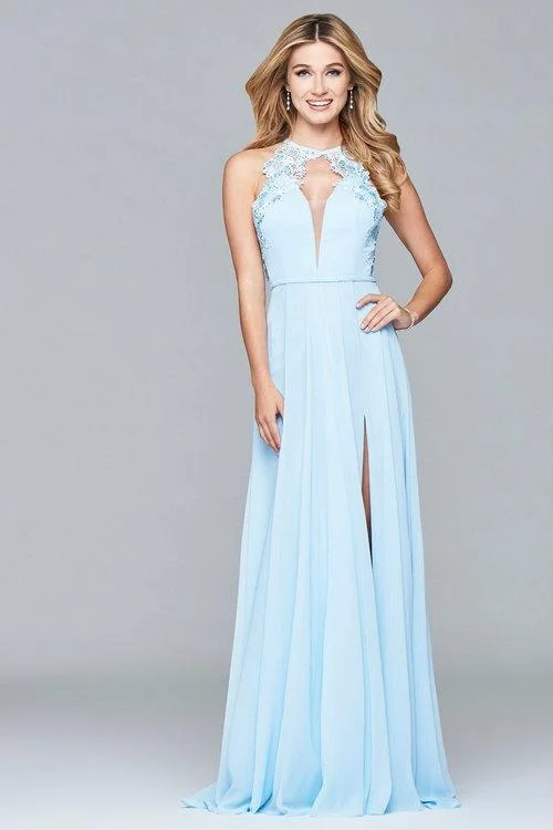 Limited Quantity Faviana 8001 Chiffon Deep V-Neck Dress With Lace Applique - 1 pc Coldblue in Size 2 Available