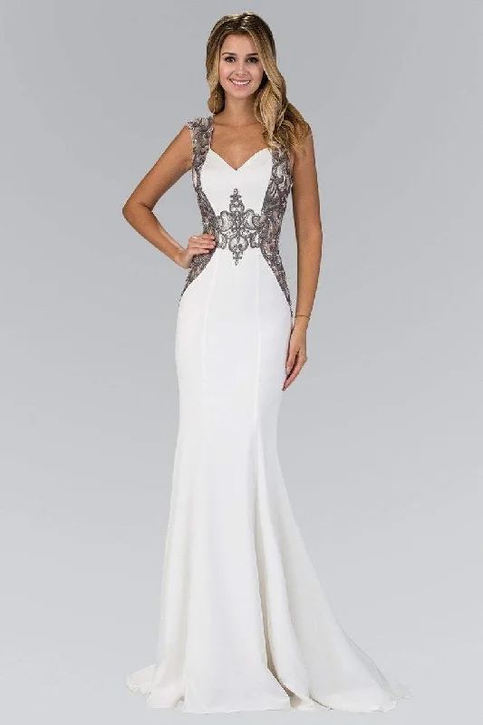 Reduced Prices Elizabeth K GL1347 Embellished Lace Applique Sheath Gown in Ivory