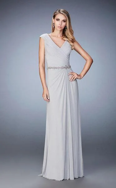 Value Deals La Femme - Ruched V Neck Sheath Long Dress with Beaded Belt 23024SC - 1 pc Silver In Size 8 Available Value Deals La Femme - Ruched V Neck Sheath Long Dress with Beaded Belt 23024SC - 1 pc Silver In Size 8 Available