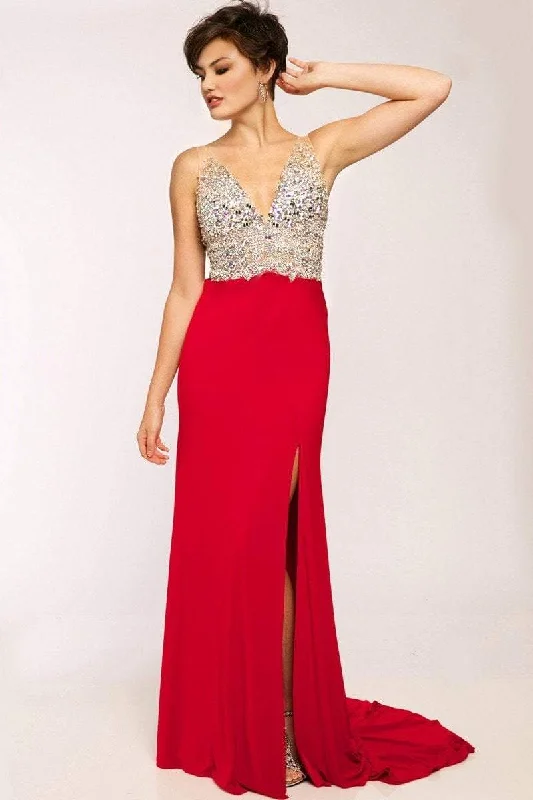 Final Clearance Jovani Crystal-Crusted V-Neck Long Sheath Gown