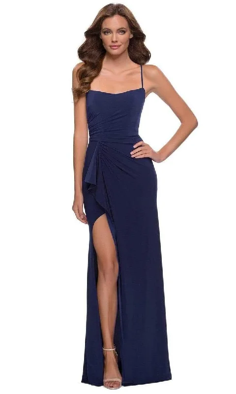 Deal Dash La Femme - Strappy Ruffle Accent High Slit Dress 29735SC - 1 pc Navy In Size 00 Available Deal Dash La Femme - Strappy Ruffle Accent High Slit Dress 29735SC - 1 pc Navy In Size 00 Available