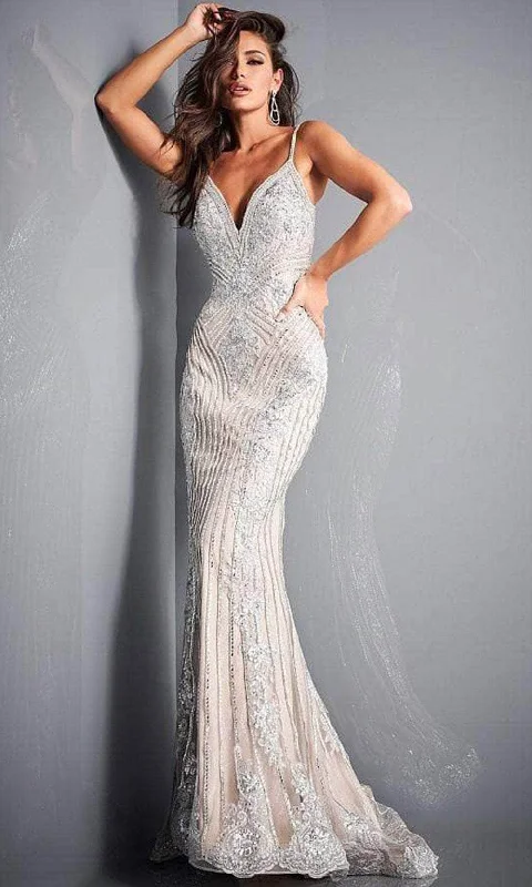 Early Access Jovani - Embellished Plunging Evening Gown 05752SC - 1 pc Silver/Nude In Size 14 Available