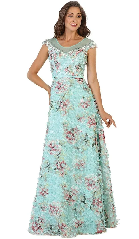 Weekend Flash Sale May Queen - Sheer Cap Sleeves Floral Embellished A-line Gown RQ7554 Weekend Flash Sale May Queen - Sheer Cap Sleeves Floral Embellished A-line Gown RQ7554