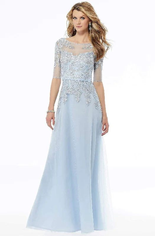 Final Sale MGNY By Mori Lee - Illusion Beaded Lace A-Line Dress 72128SC - 1 pc Light Blue In Size  18 Available