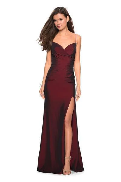 Now or Never La Femme - Pleated Surplice Bodice High Slit Gown 27626 - 1 pc Burgundy In Size 6 Available Now or Never La Femme - Pleated Surplice Bodice High Slit Gown 27626 - 1 pc Burgundy In Size 6 Available