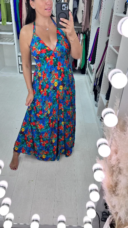 Buy More, Save More Suranne Royal Blue Deep V Back Floral Maxi Dress