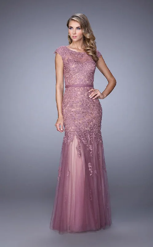 Limited Quantity La Femme - Lace Sheer Tulle Trumpet Gown 21677SC