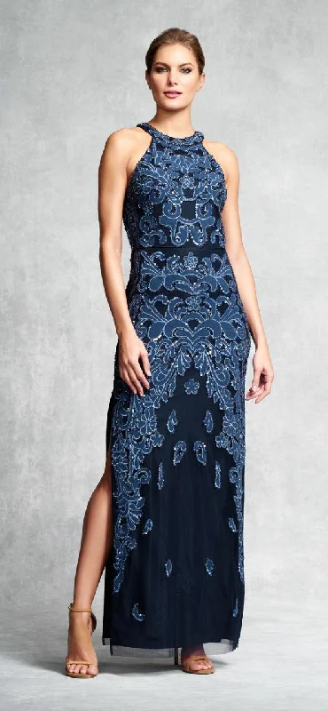 Limited Availability Aidan Mattox Halter Cutout High Slit Sheath Gown 54474110 - 1 pc Steel Blue In Size 10 Available Limited Availability Aidan Mattox Halter Cutout High Slit Sheath Gown 54474110 - 1 pc Steel Blue In Size 10 Available