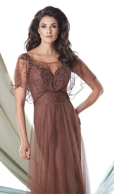 Discount Mania Mon Cheri 114905 Draped Sleeve Embellished Evening Gown