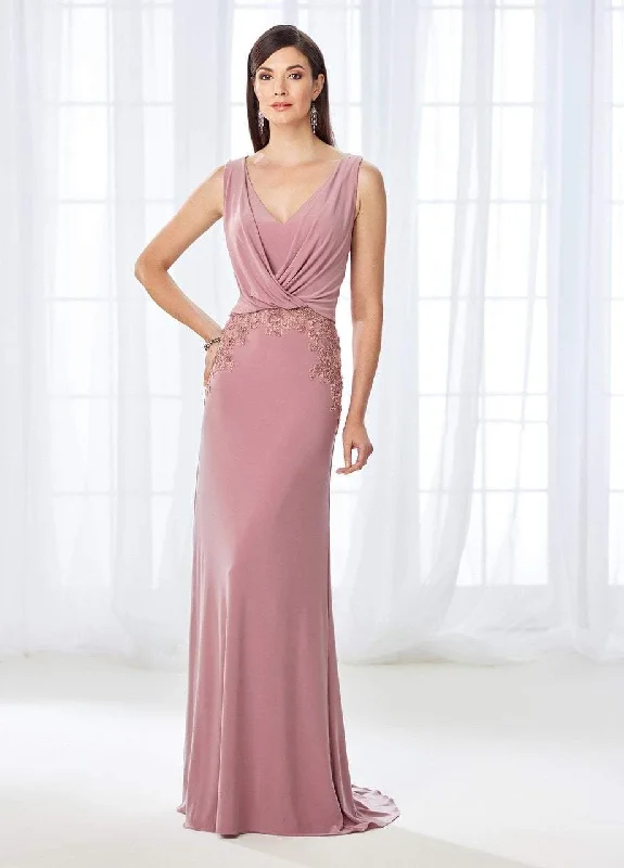 Seasonal Clearance Mon Cheri Draped V-Neck Lace Embellished Gown 118666 - 1 pc Mink in Size 6 Available