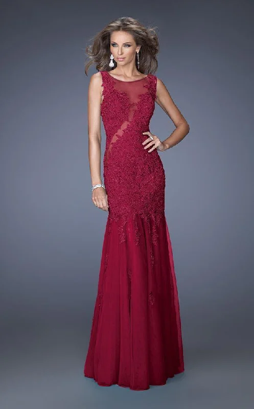 Instant Discount La Femme 19420 Sleeveless Illusion Paneled Lace Mermaid Gown - 1 Pc Cranberry in Size 0 Available Instant Discount La Femme 19420 Sleeveless Illusion Paneled Lace Mermaid Gown - 1 Pc Cranberry in Size 0 Available