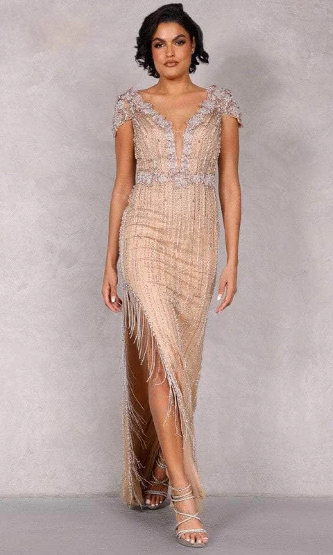 Shop and Save Terani Couture 2027GL3259 - Fringed Slit Beaded Evening Dress