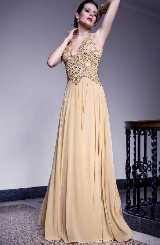 Don't Miss Baccio Couture - 2771 Sleeveless V Neck Painted Metallic Silicon Bodice A-Line Gown - 1 pc Tan In Size M Available Don't Miss Baccio Couture - 2771 Sleeveless V Neck Painted Metallic Silicon Bodice A-Line Gown - 1 pc Tan In Size M Available