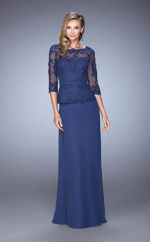 Members Only La Femme - Floral Lace Bateau Quarter Length Sleeves Long Dress 21709SC