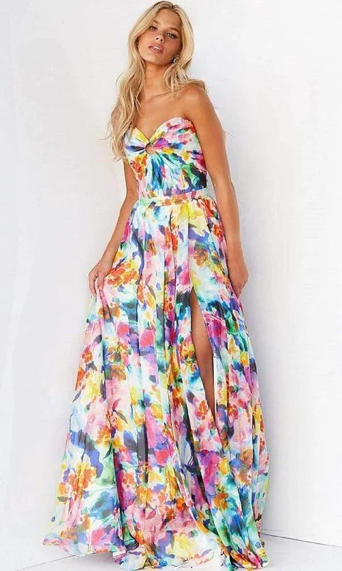 Super Sale Jovani - 05589 Strapless Printed Slit A-line Gown