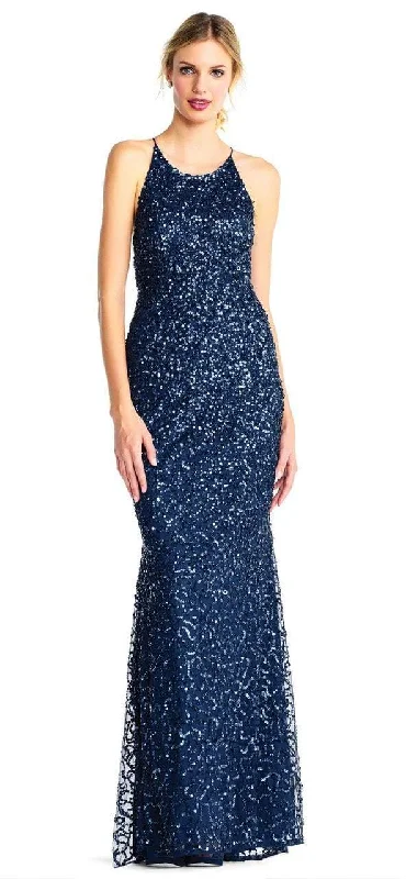 Limited Availability Adrianna Papell - Cross-Stringed Back Sequined Halter Gown AP1E202438 - 1 pc Deep Blue In Size 16 Available Limited Availability Adrianna Papell - Cross-Stringed Back Sequined Halter Gown AP1E202438 - 1 pc Deep Blue In Size 16 Available