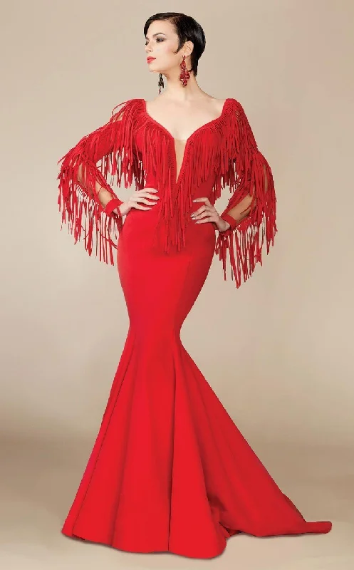 Massive Deals MNM Couture - 2340 Fringe Deep V-neck Mermaid Dress