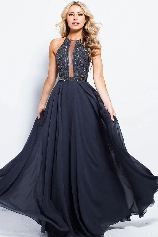 Clearance Event JVN by Jovani Embellished Illusion Halter Chiffon A-line Dress JVN59049 1 pc Charcoal in size 8 Available