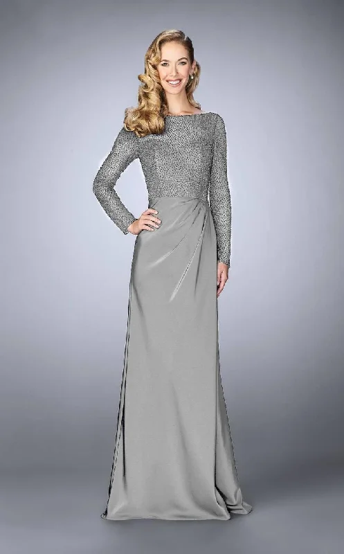 Warehouse Sale La Femme - Long Sleeve Beaded Bodice Draped Gown 24895SC