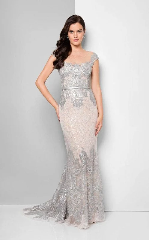 YEAR-End Sale Terani Couture - 1713M3505 Embroidered Lace Portrait Mermaid Gown - 1 pc Gunmetal Nude In Size 4 Available