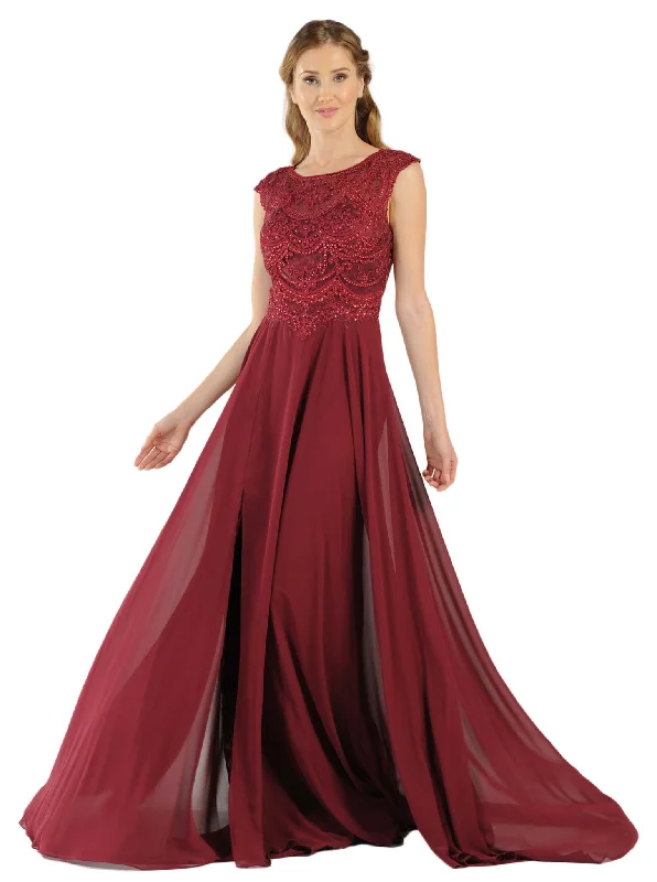 Huge Savings Poly USA - 8254 Cap Sleeve Embroidered Illusion Chiffon Gown