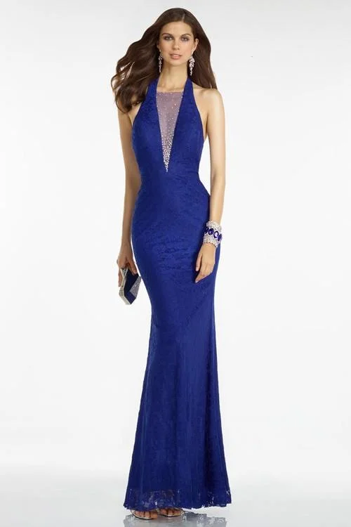 Online Only Alyce Paris 35793 Plunging Illusion Halter Strap Lace Gown