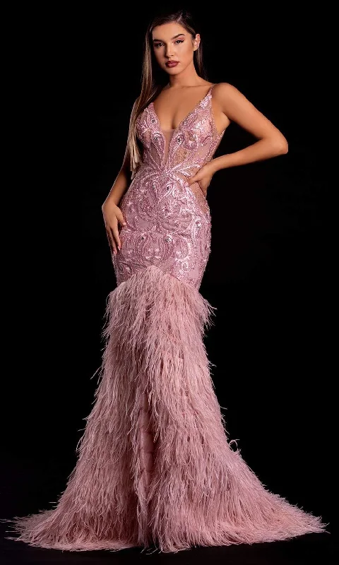 Overstock Portia and Scarlett - PS21128 Beaded Bodice Feather Mermaid Gown