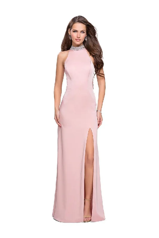 Holiday Sale La Femme - 25767 Beaded High Halter Jersey Sheath Dress