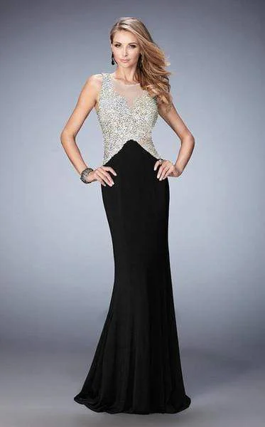 Quick Sale La Femme Gigi - Bedazzled Illusion Jewel Sheath Dress 22886