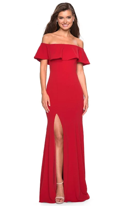 New Arrival La Femme - Ruffled Off Shoulder High Slit Trumpet Dress 27096SC - 1 pc Black In Size 4 and 1 pc Red in Size 2 Available New Arrival La Femme - Ruffled Off Shoulder High Slit Trumpet Dress 27096SC - 1 pc Black In Size 4 and 1 pc Red in Size 2 Available